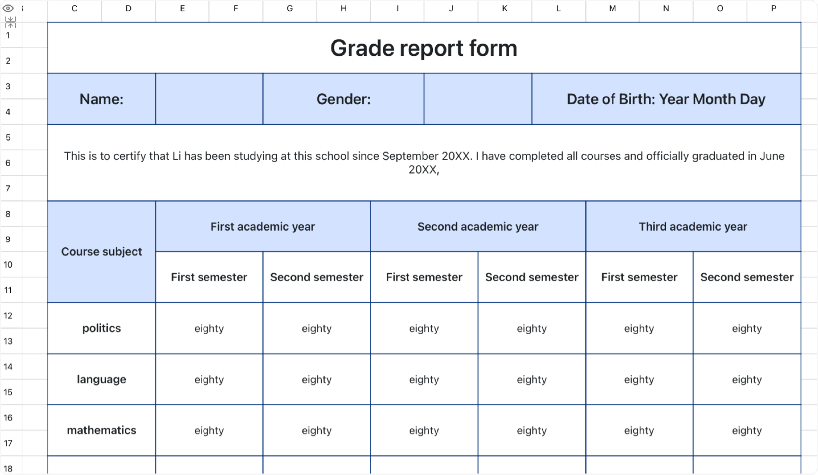 Score report form 1